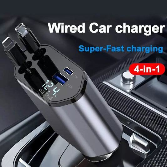 Multi Retractable Car Charger, 4 in 1 Car Fast Charger 120W, iPhone & Type C (Free Delivery)