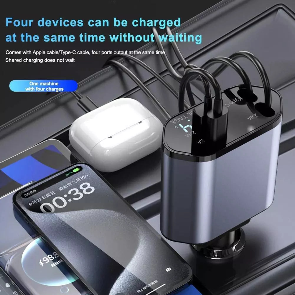 Multi Retractable Car Charger, 4 in 1 Car Fast Charger 120W, iPhone & Type C (Free Delivery)