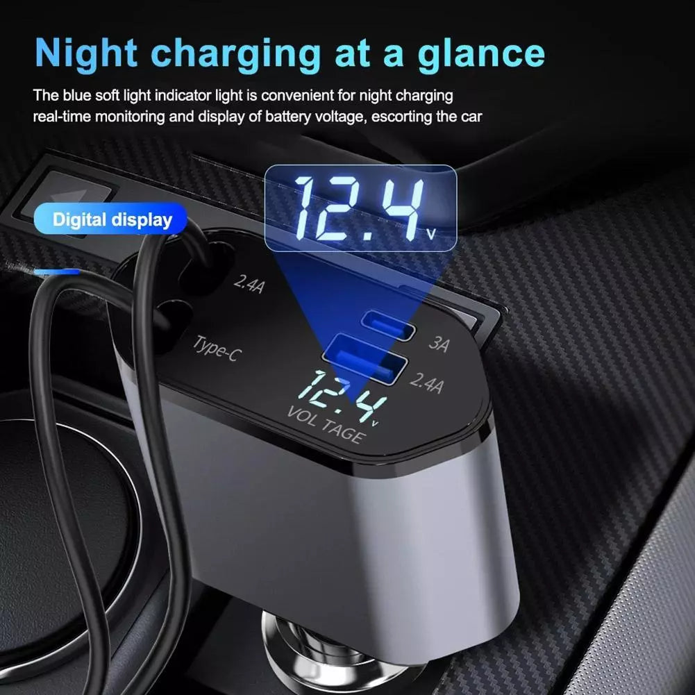 Multi Retractable Car Charger, 4 in 1 Car Fast Charger 120W, iPhone & Type C (Free Delivery)